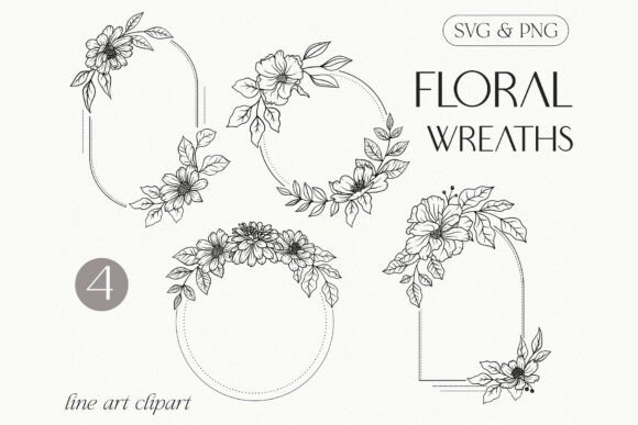 Botanical Line Art Floral Frame Clipart for Graphics & Illustrations