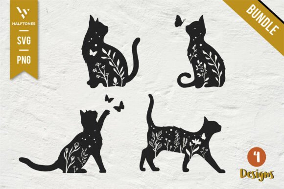 Floral Cat Black Cat with Flower SVG PNG Graphics & Illustrations