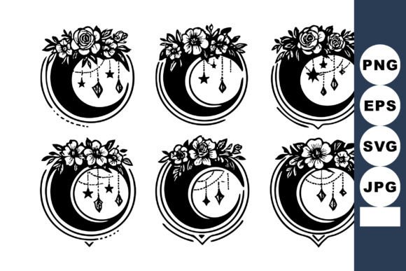 Floral Crescent Moon Designs with Hangin Graphics and Illustrations