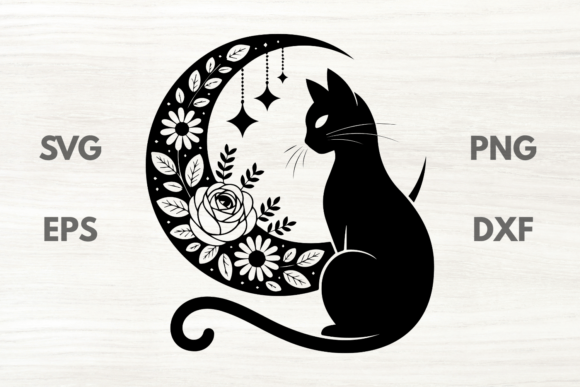 Floral Crescent with Black Cat SVG: Graphics & Illustrations Review