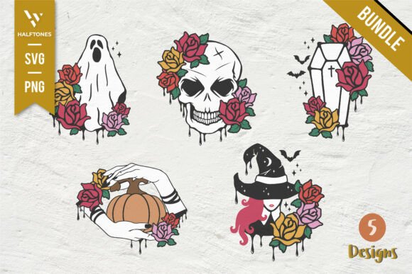 Floral Halloween Ghost Bundle SVG PNG for Graphics and Illustrations