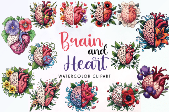 Floral Heart Brain Watercolor Clipart Graphics & Illustrations