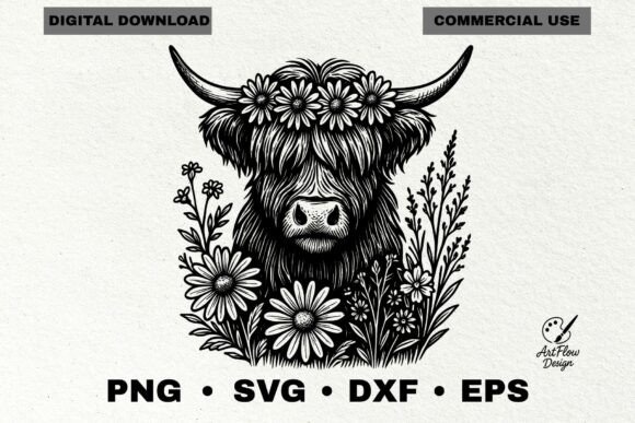 Highland Cow Svg, Floral Head Cow Png for Graphics and Illustrations