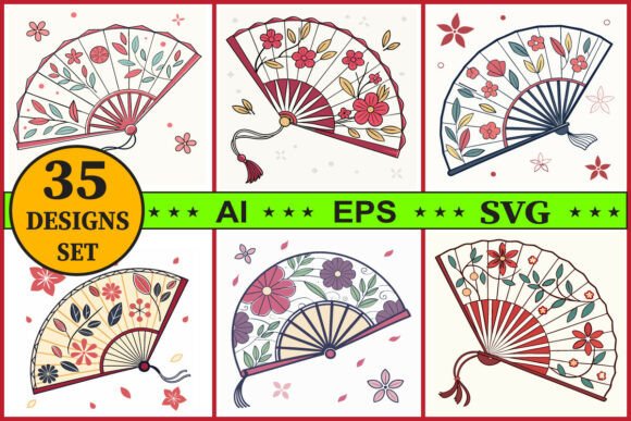 Oriental Floral Asian Fan Clipart Bundle for Graphics & Illustrations
