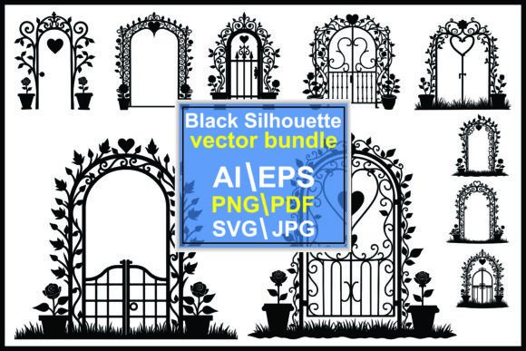 Ornate Garden Gate with Floral Silhouett Graphics & Illustrations