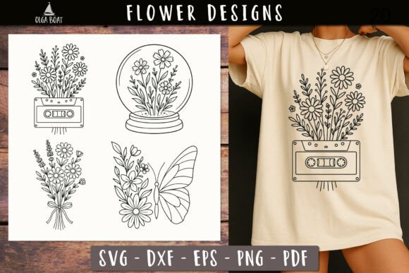Retro Floral Line Art SVG Vintage Print for Graphics & Illustrations