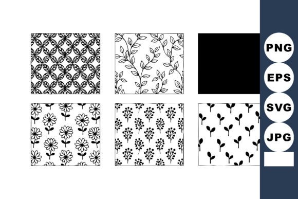 Set of Six Black and White Floral Seamle Graphics for Illustrations