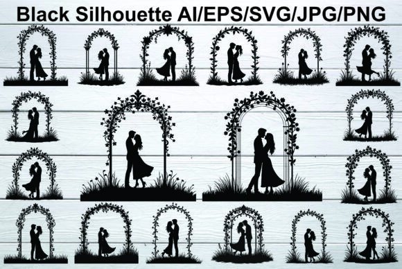 Silhouette Couple Under Floral Arch: Graphics for Wedding Branding
