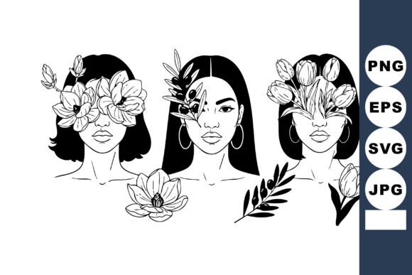 Three Elegant Women with Floral Face Dec Graphics and Illustrations