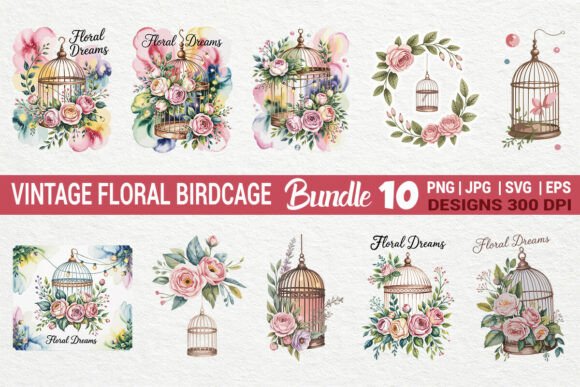 Vintage Floral Birdcage Clipart Bundle: Premium Graphics & Illustrations